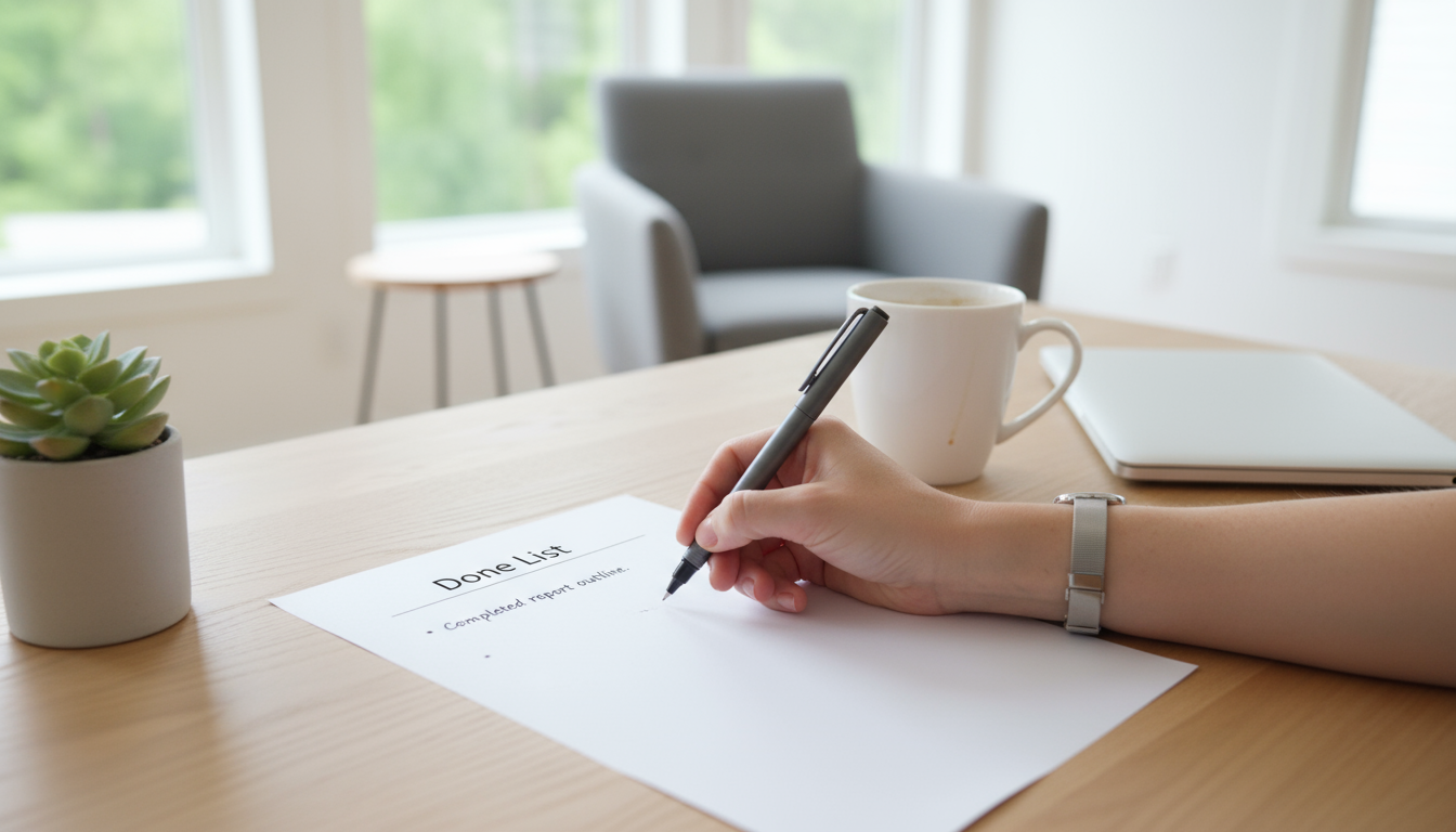 A female hand writes 'Completed report outline' on a 'Done List' paper on a minimalist desk, with a laptop showing an outline and a timer at 00:00.