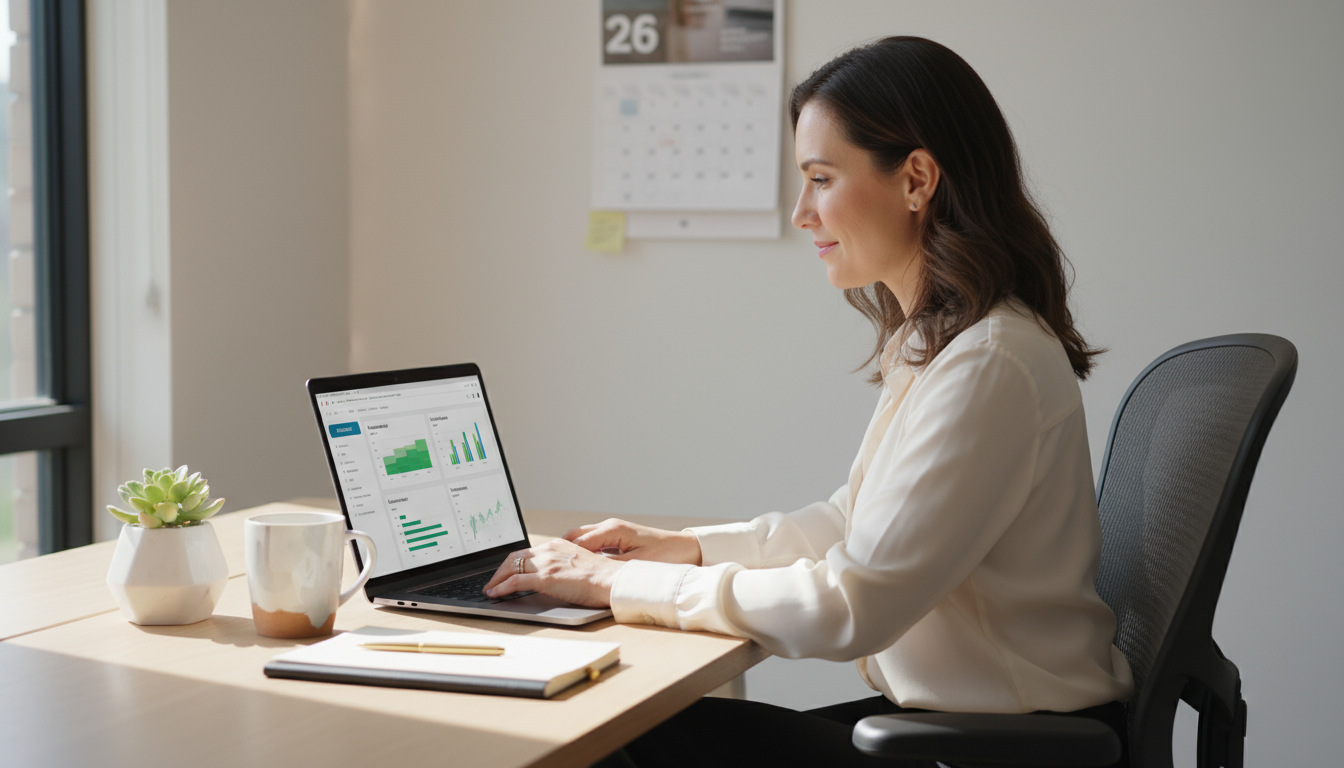 Person's hands engaging with a habit tracker app on a tablet on a clean, minimalist desk, surrounded by other neatly organized productivity tools.
