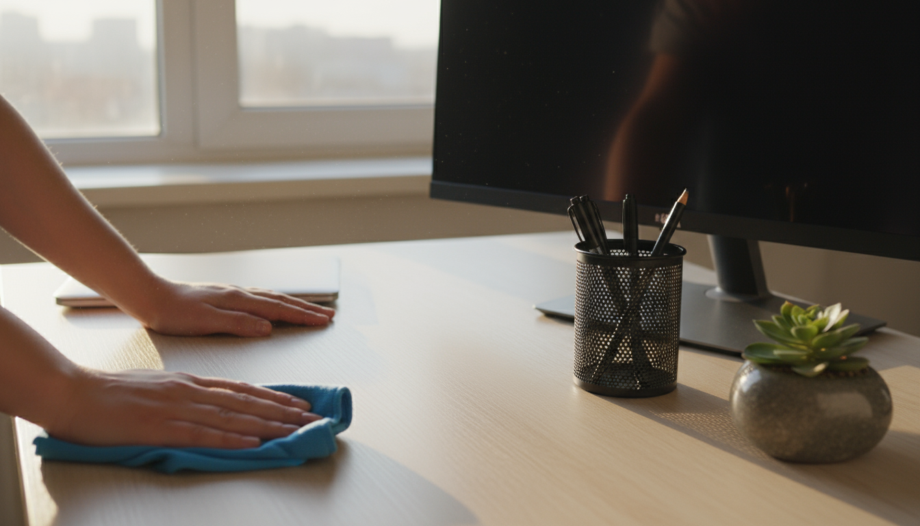 A focused male web developer at his sunlit home office desk, coding on dual monitors with a subtle digital Pomodoro timer visible, structuring his day