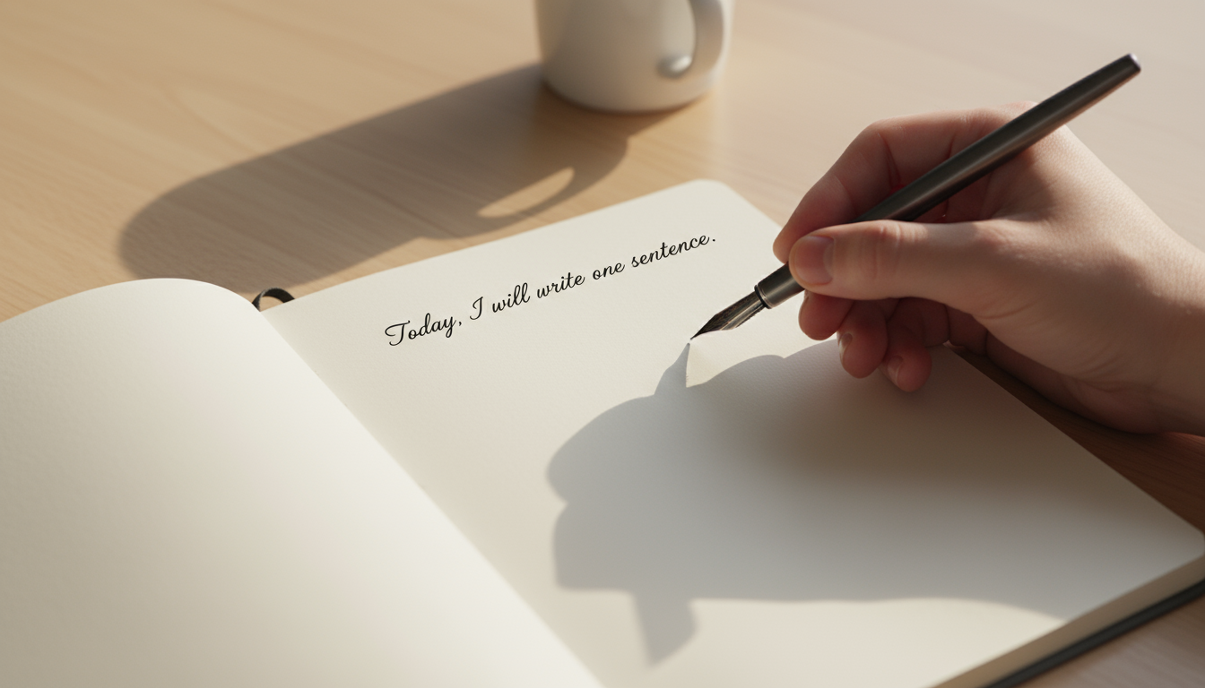Close-up of a professional's hands effortlessly opening a well-worn minimalist notebook on a clean wooden desk, bathed in natural light.