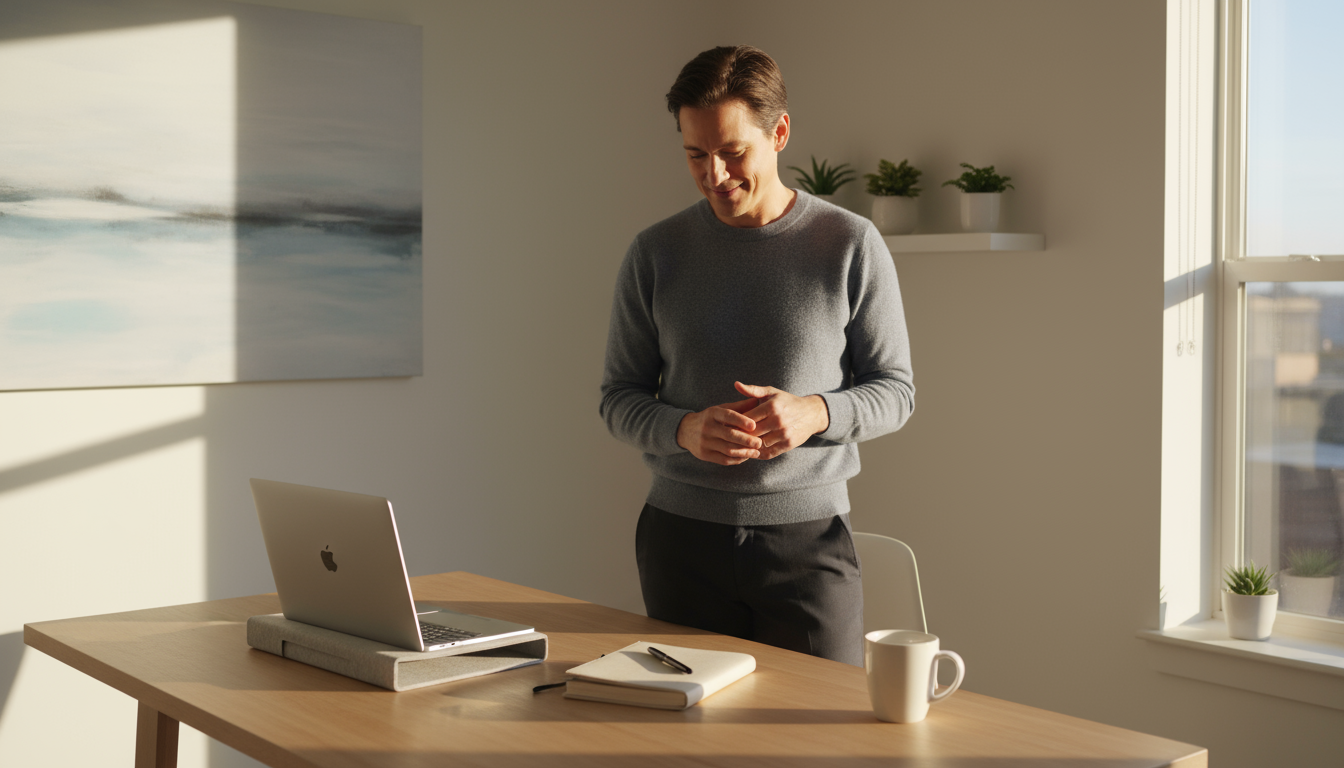 Professional (late 30s) standing beside their tidy home office desk with a closed laptop, signifying the end of the workday.