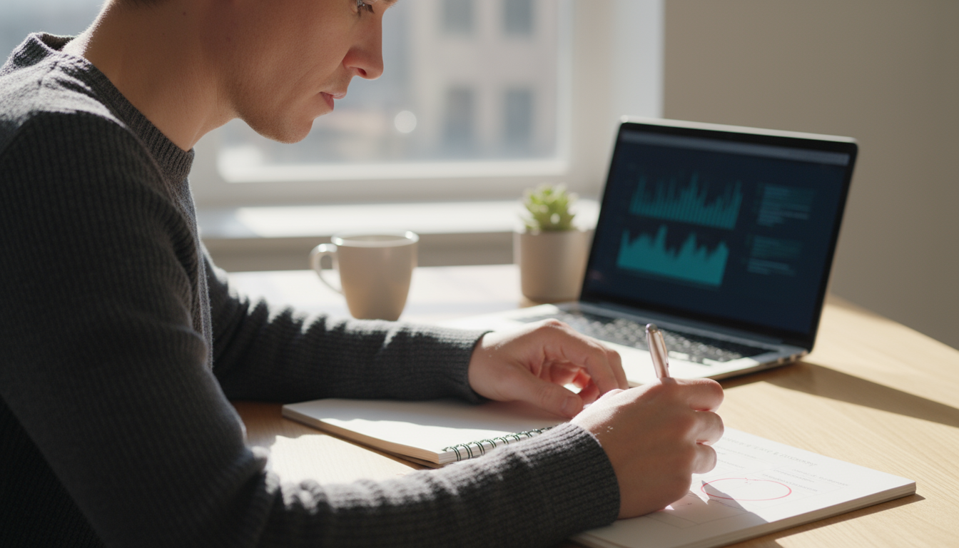 A professional standing up from their light wood desk to perform a gentle stretch in a sunlit, minimalist home office.