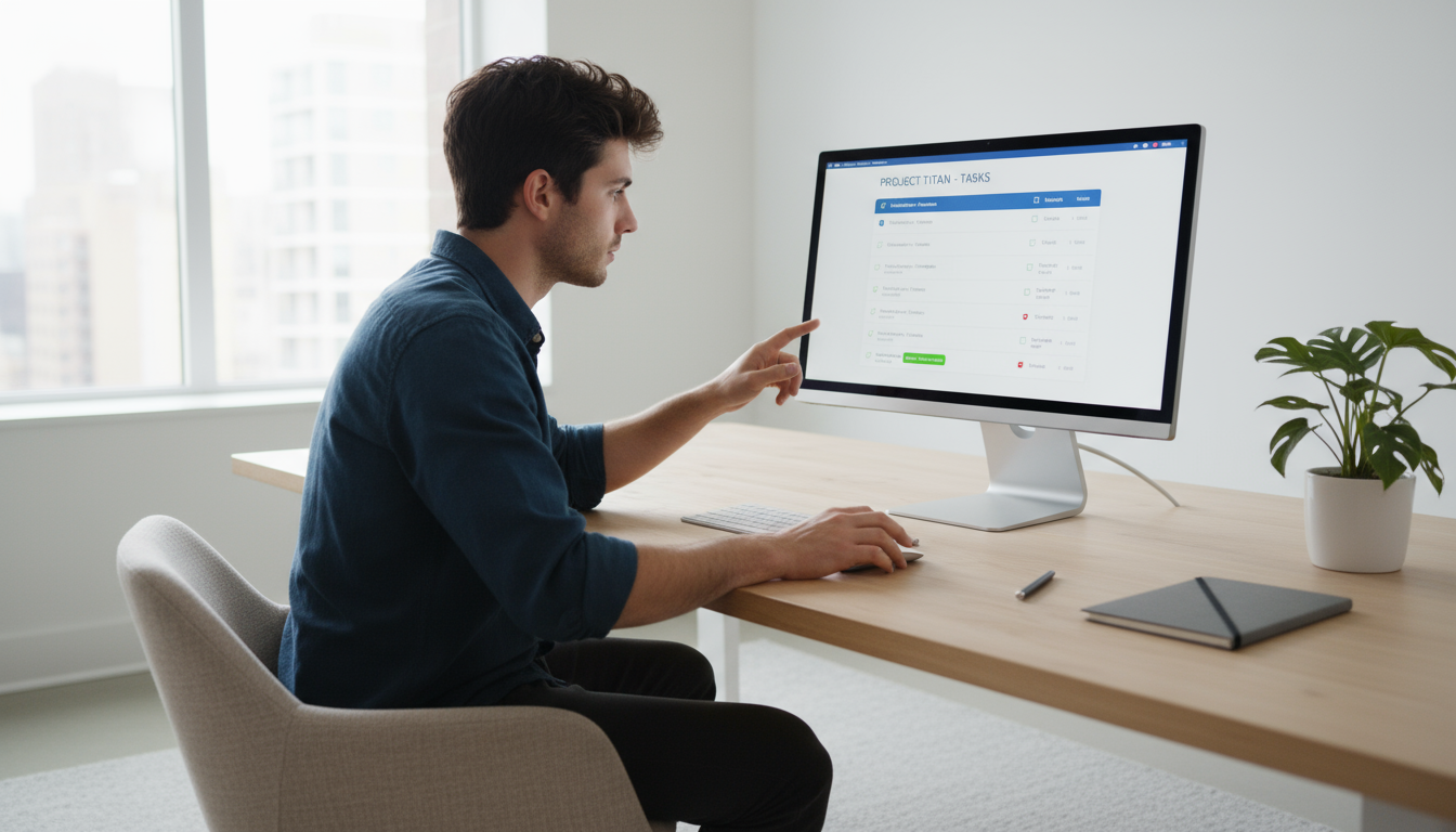 Freelance designer Sam meticulously organizes his digital to-do list on a large monitor in his clean, well-lit home office.
