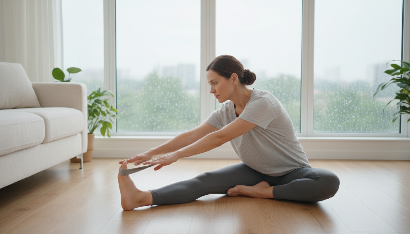 Person thoughtfully arranging gym clothes, water bottle, and keys on a chair in a minimalist bedroom for morning preparation.