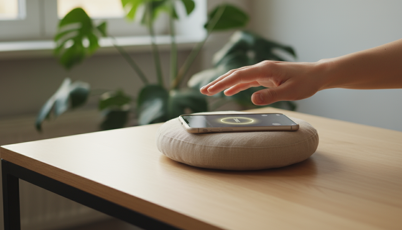 A hand placing a smooth river stone on a wooden tray with a steaming tea mug, open journal, and folded meditation cushion in a sunlit, minimalist room