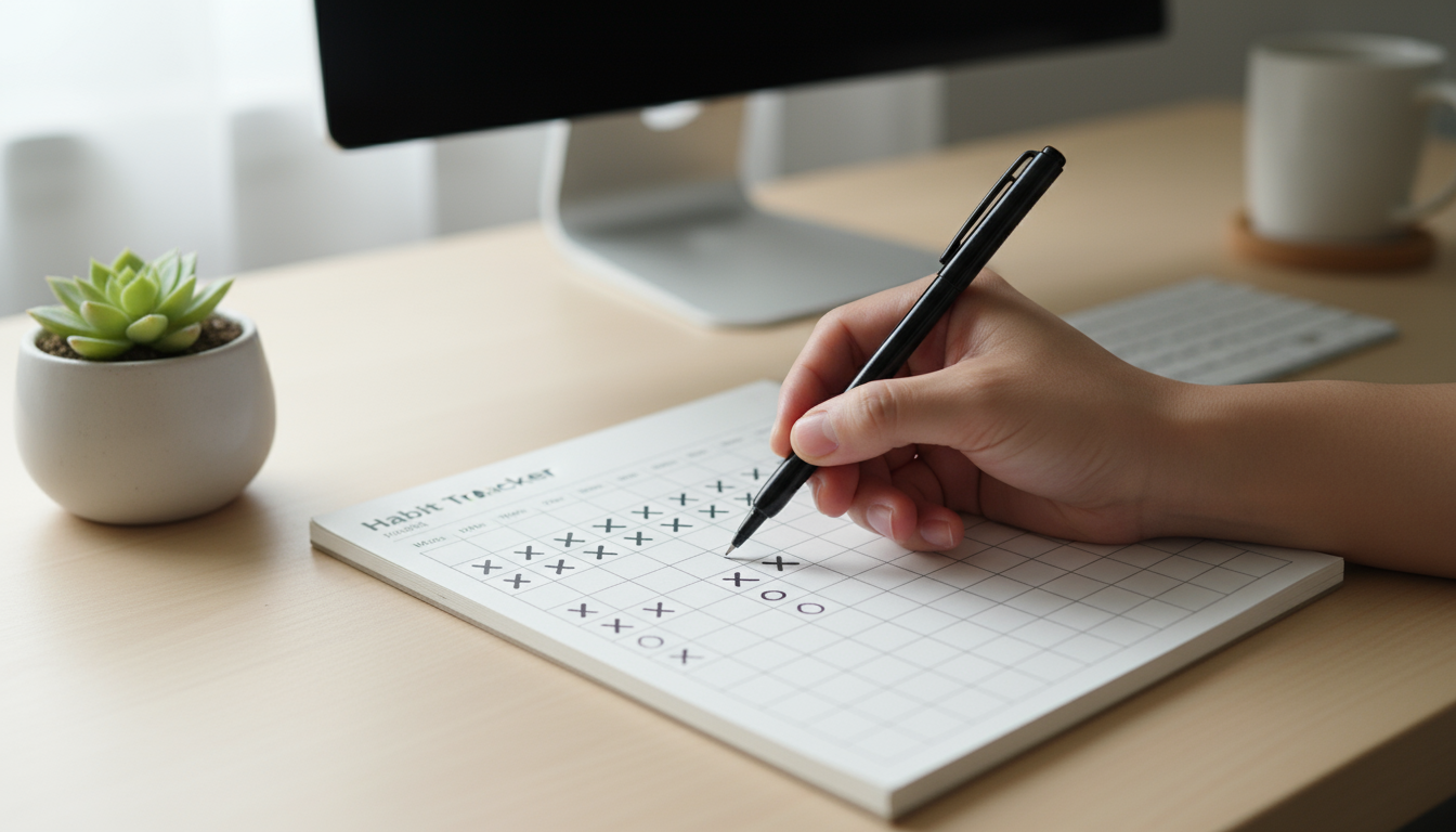 Hand poised with a pen over a blank minimalist notebook on a light wooden desk, ready to make the first small mark.