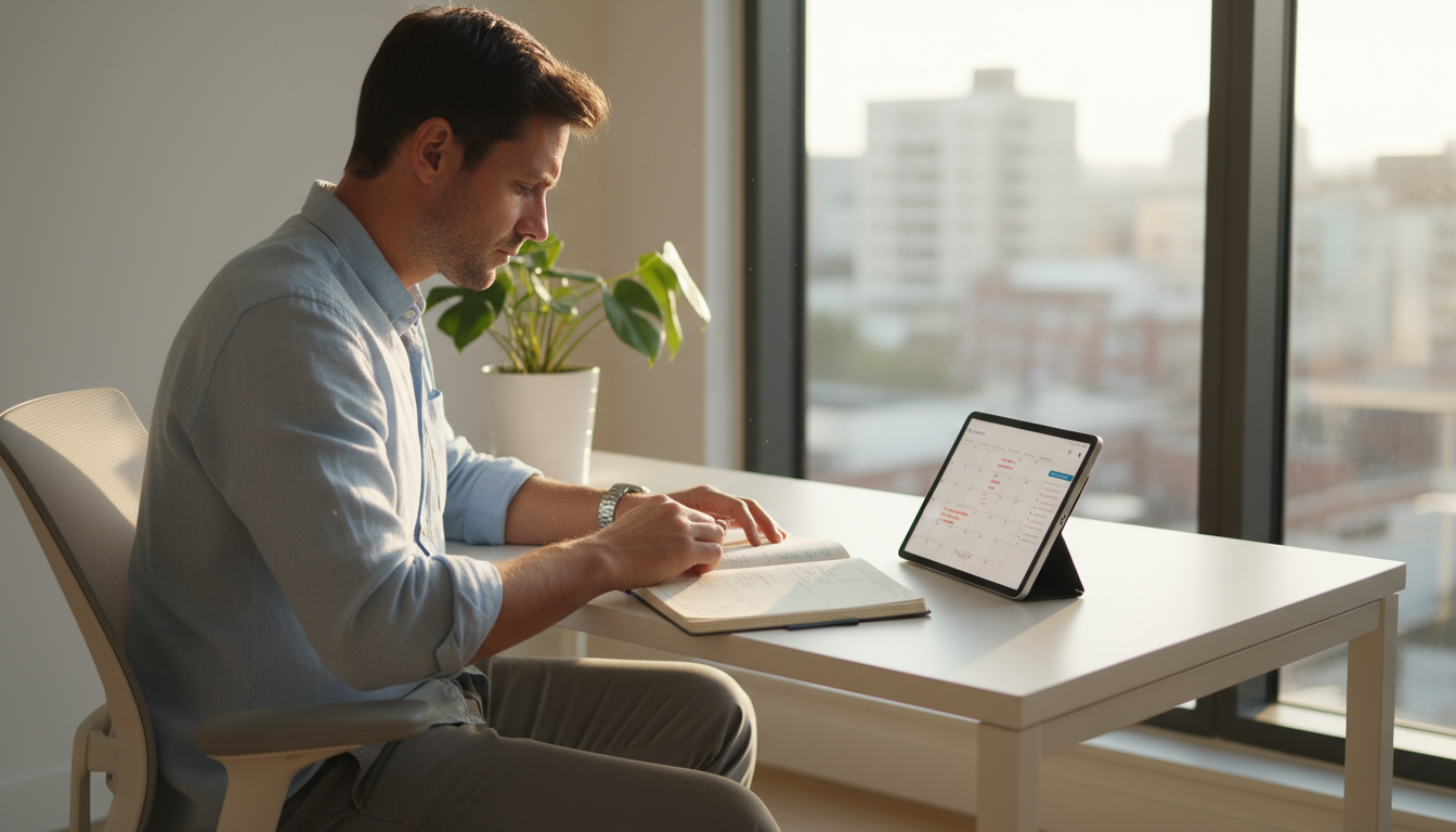 A laptop screen displays a color-coded digital calendar for time-blocking on a minimalist wooden desk, with a hand resting on the trackpad.