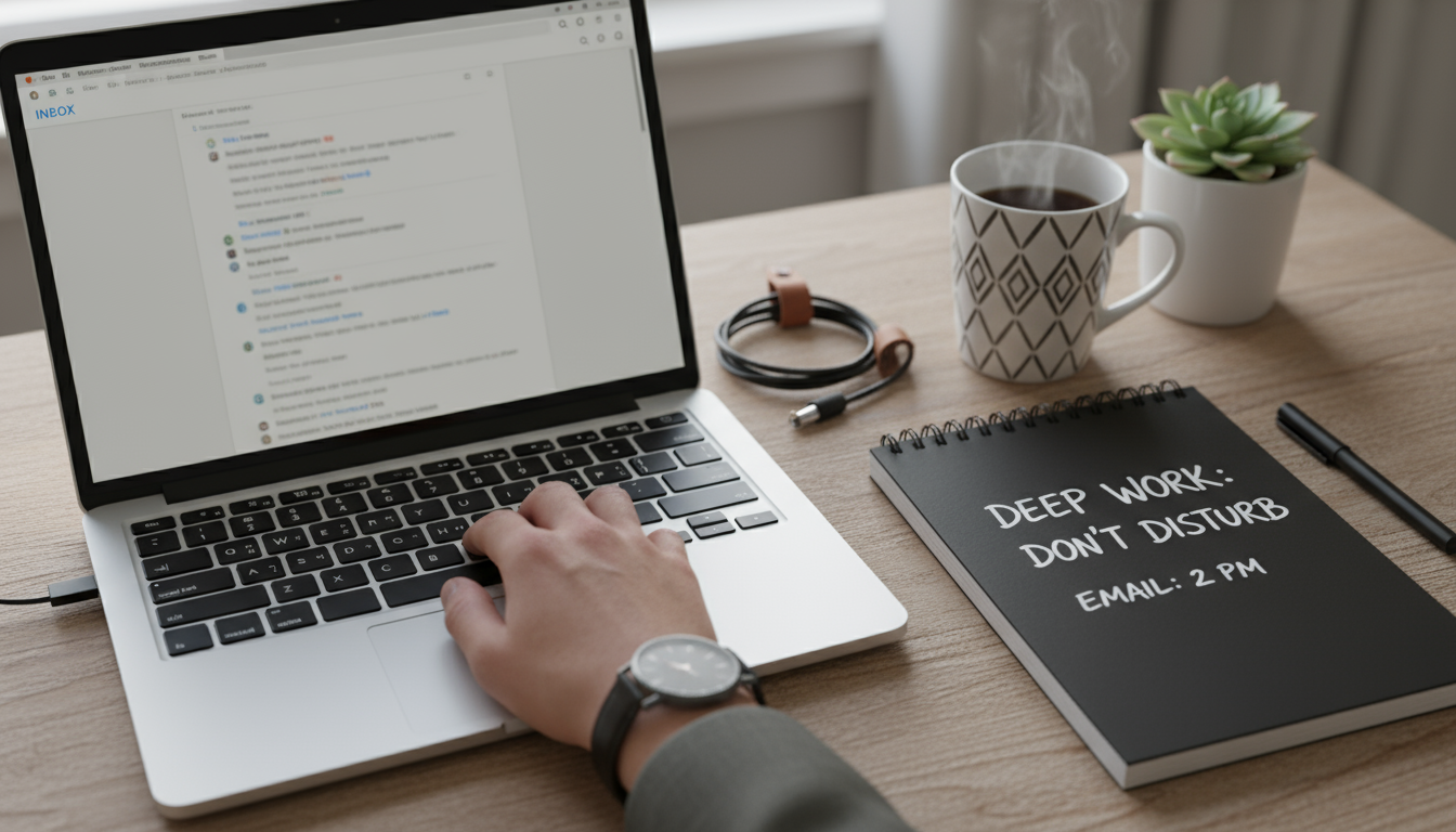 A professional looks slightly overwhelmed by an excessively organized, IKEA-style desk filled with complex productivity tools and dashboards.