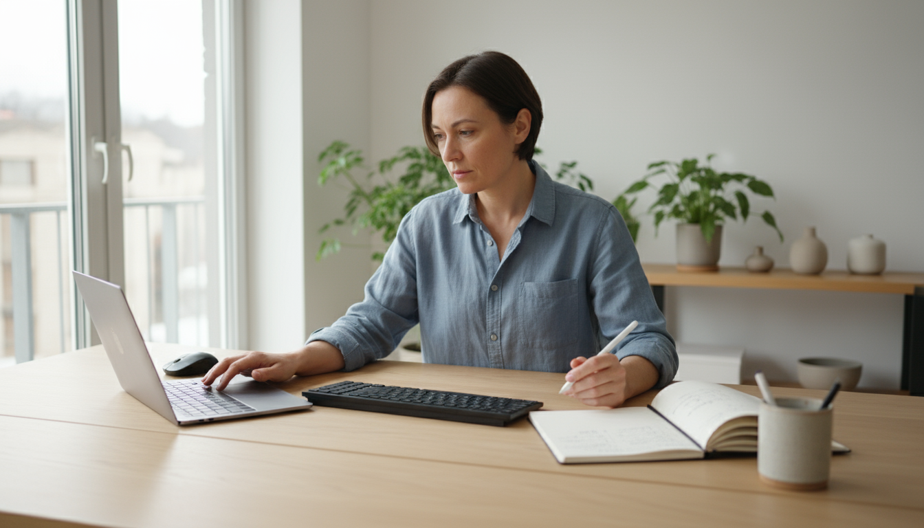 A professional, viewed from a slightly high angle, deeply focused on their laptop screen at a clear, minimalist desk with no distractions.