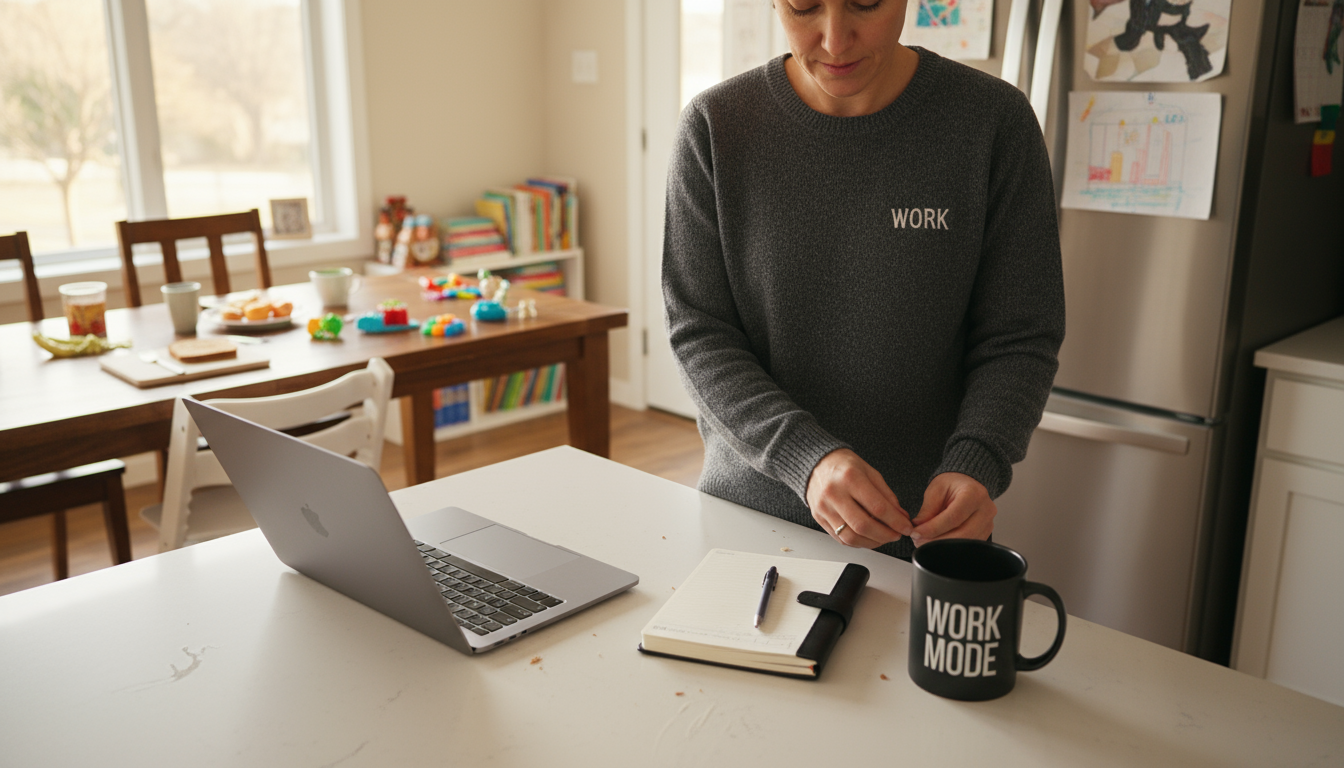 Overhead close-up of a desk showing a hand with a pen, a circled task in a notebook, a face-down smartphone, a laptop, and a digital timer.