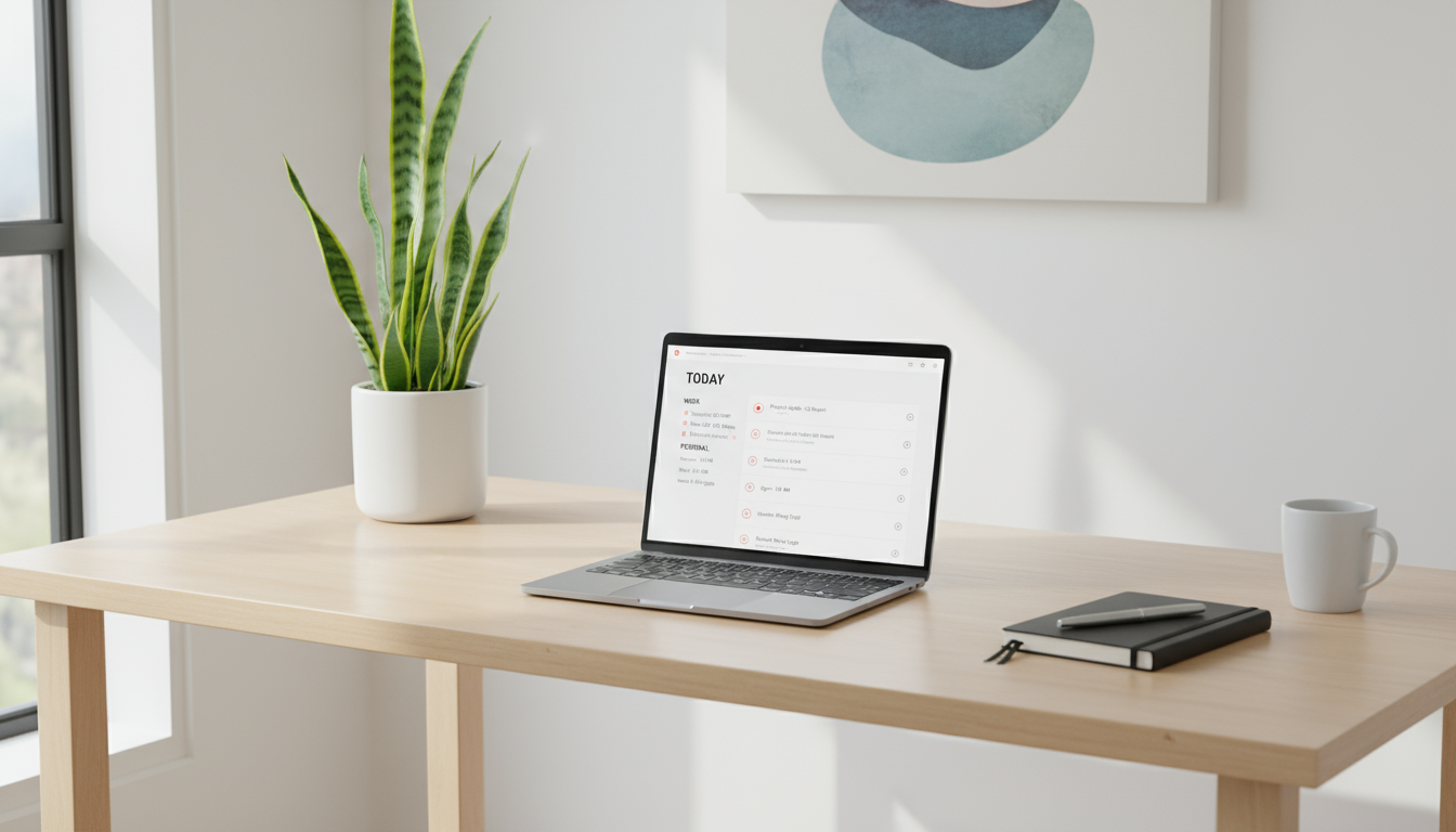 University student, Maya, focused on a laptop displaying Trello and Google Calendar at her organized, minimalist desk with natural light.