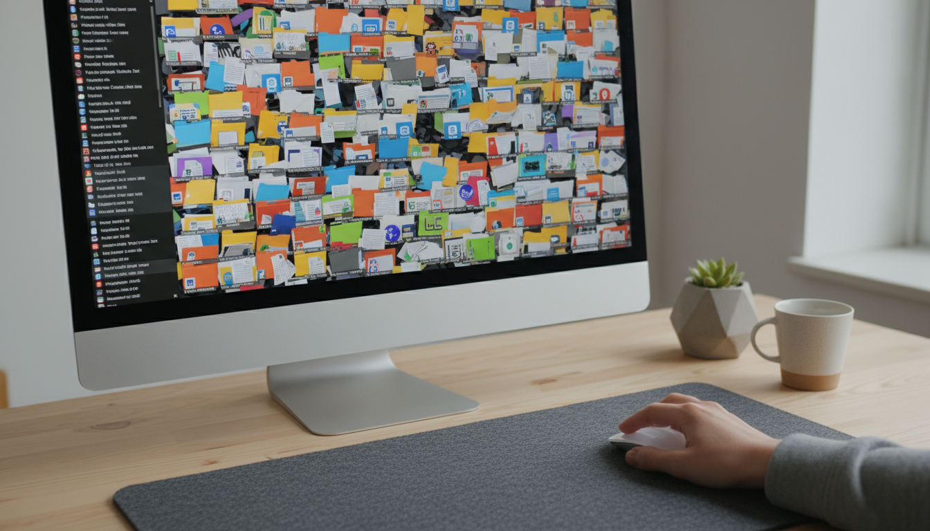 A wide, elevated view of a tidy, minimalist home office desk at dusk, with hands resting on a closed laptop, a plant, and neat stationery.