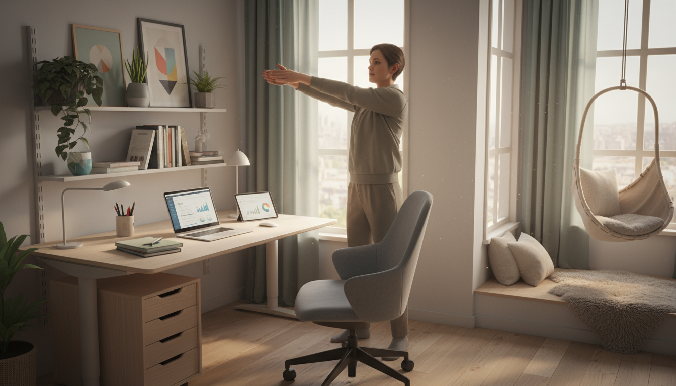 A minimalist wooden desk in a bright home office. Hands place noise-canceling headphones beside a digital timer on a clean desk pad, signaling readine