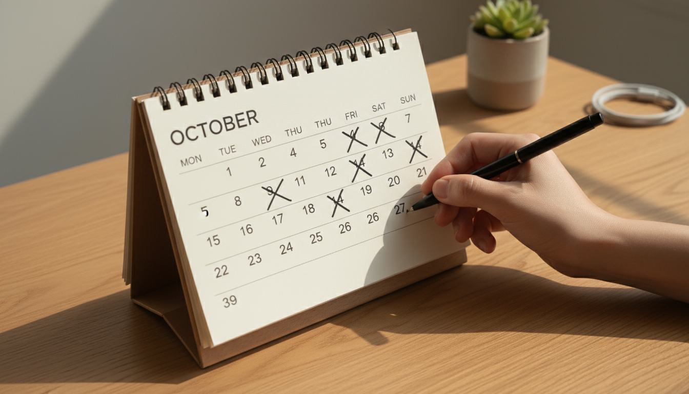 Close-up of a knowledge worker's hands on an organized wooden desk, making a small, deliberate mark in a minimalist daily planner next to a lightly cr