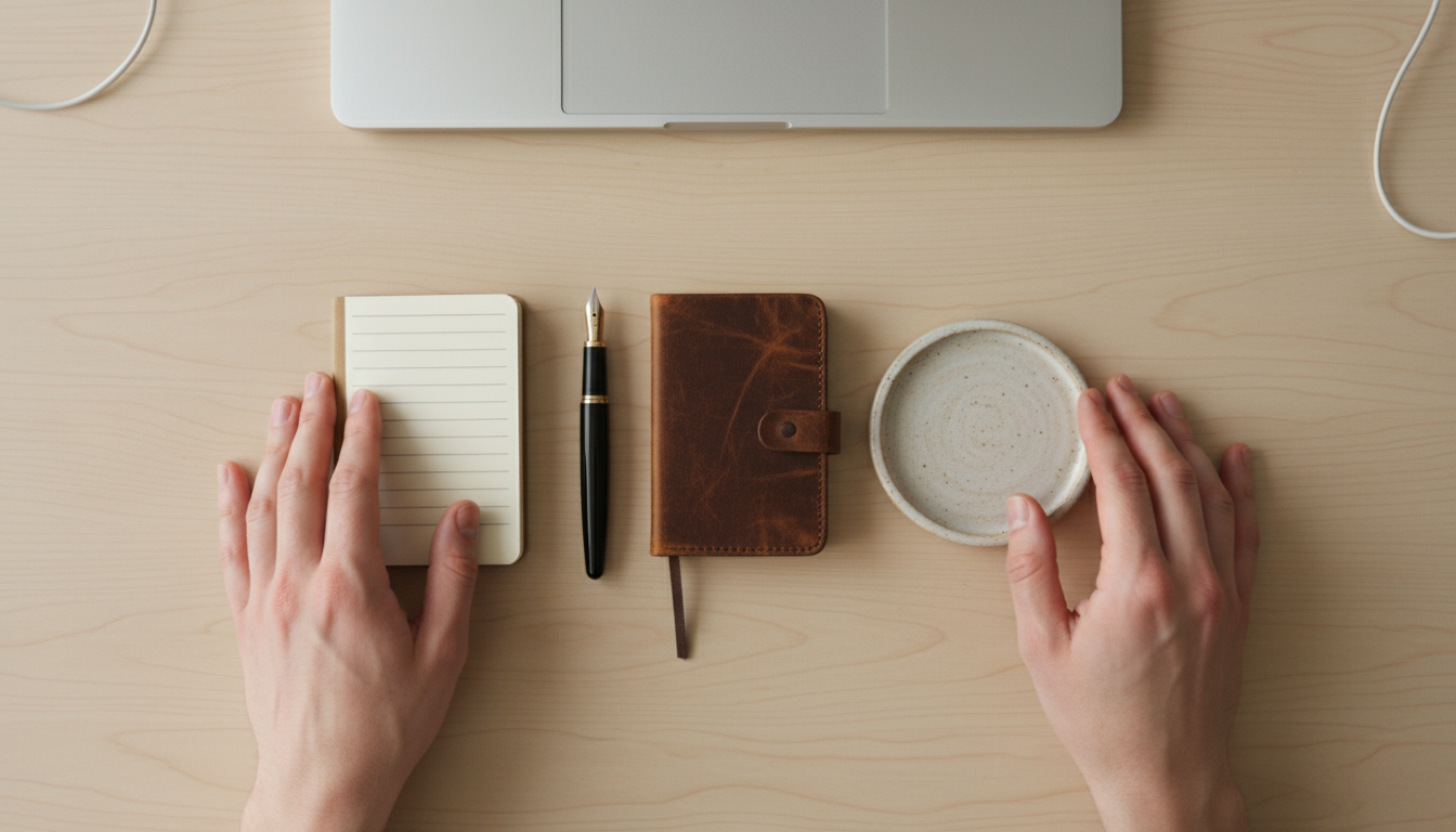 A hand with a pen hovers over a desk calendar, poised to mark an 'X', showing past 'X's and sparse gaps, symbolizing gentle habit tracking.