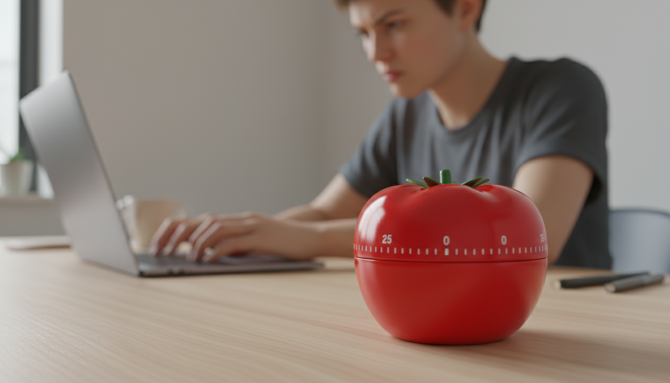 Gender-neutral hands review a digital weekly dashboard on a tablet, showing Pomodoro counts and 80/20 insights on a minimalist desk with tea.