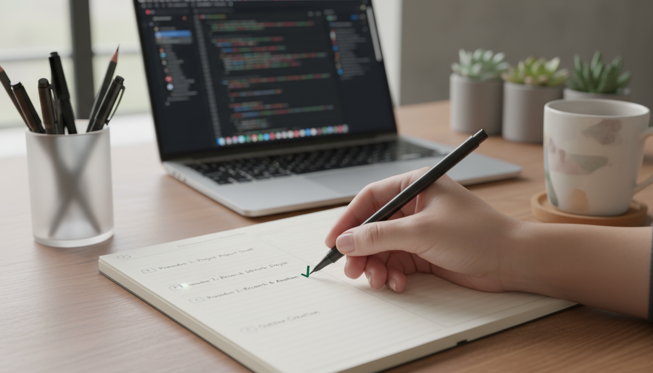 A knowledge worker intensely typing on a laptop with a digital timer on screen, at a minimalist oak desk, illuminated by natural light.