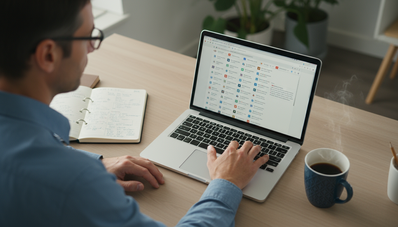A man puts on noise-canceling headphones at his clean home desk, with a white noise app visible on his phone, to start a focus block.