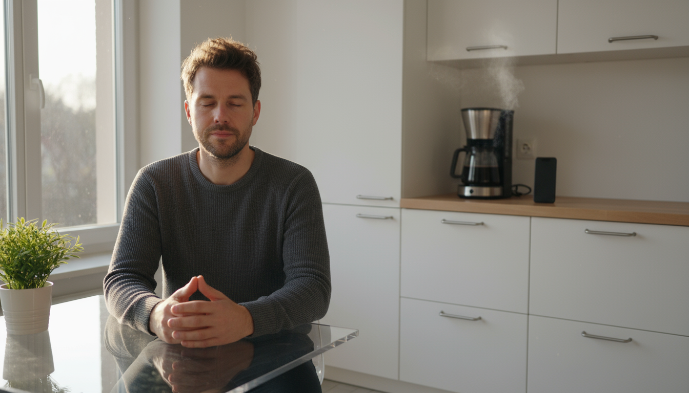 An elevated view of a meditation cushion surrounded by friction: a smartphone, tangled headphones, mail, and a coffee mug, in morning light.