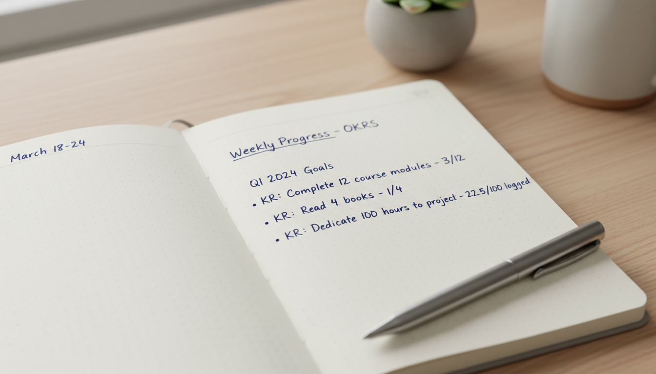 A professional reviews 2-3 bold quarterly objectives in a premium planner with a fountain pen on a clean, light desk.