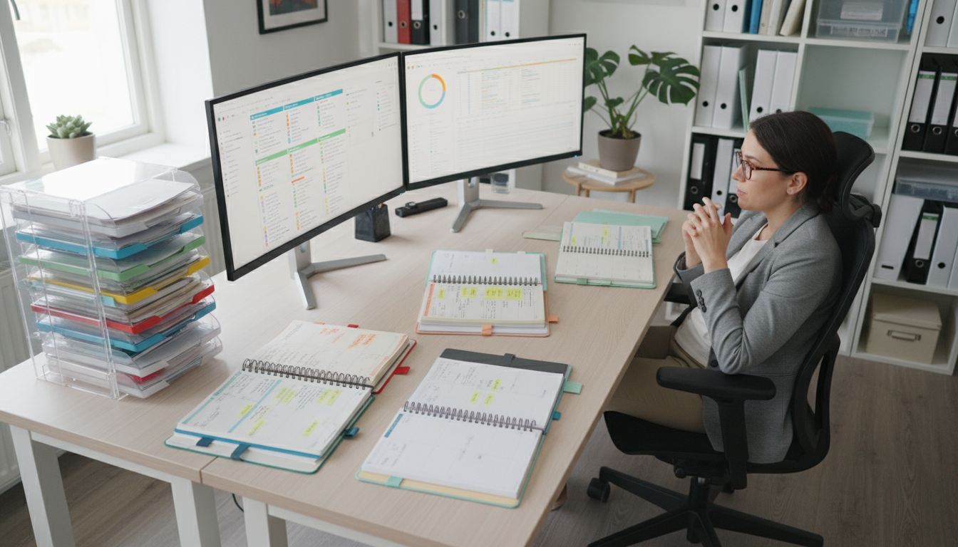 A hand gently swipes right on a smartphone displaying a blank home screen, with a blurred minimalist desk in the background.