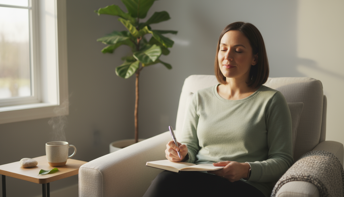 Professional in a minimalist office contemplates a first draft on their laptop, embracing imperfect progress.