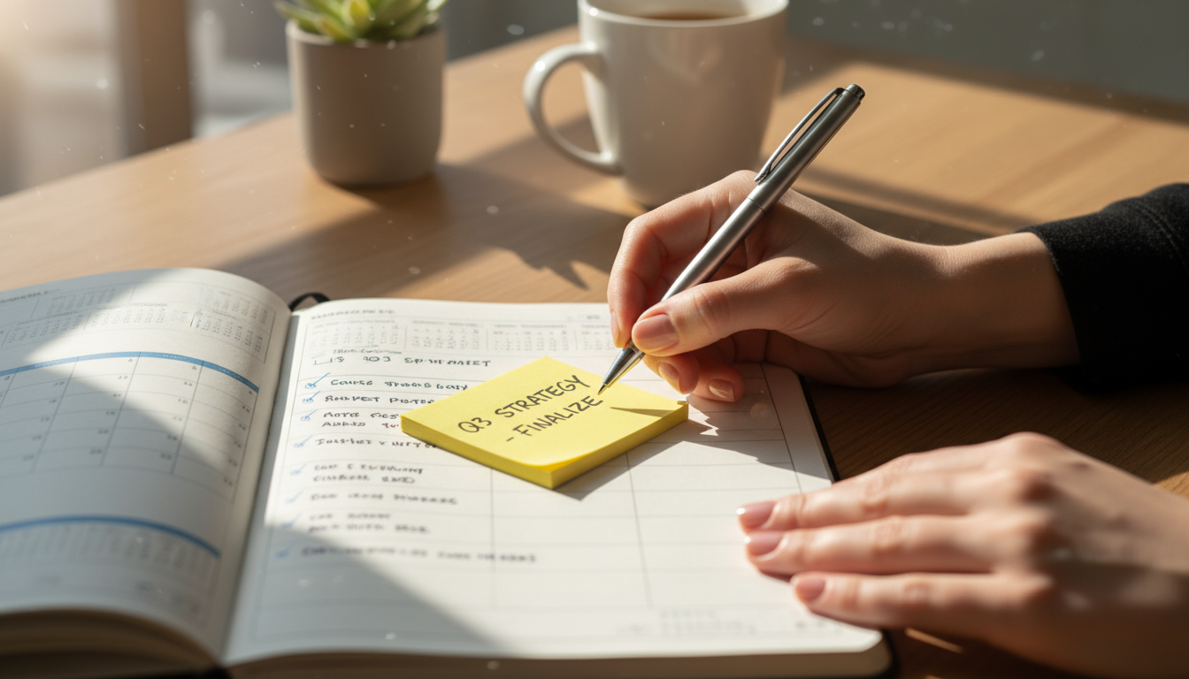 Mid-shot of a knowledge worker closing a planner at a minimalist desk under warm lamp light, signifying the end of the workday.