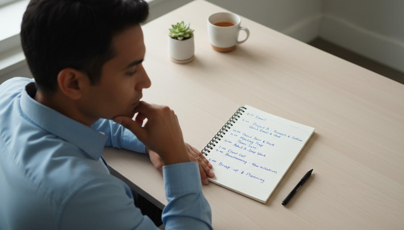 Organized modern desk with a computer monitor showing a task manager with a new task derived from an email, next to an ergonomic keyboard.