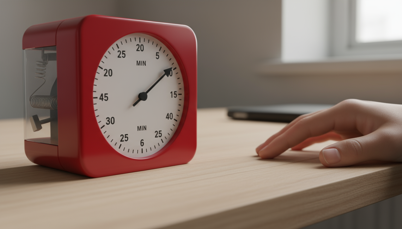 A manager in a modern office, intently working on a budget proposal on an external monitor. Her laptop shows a packed calendar, and a digital Pomodoro