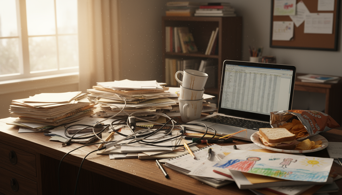 Overhead view of a wooden desk with a laptop displaying work. Scattered around it are an old coffee mug, faded sticky notes, a pen, and unopened mail,