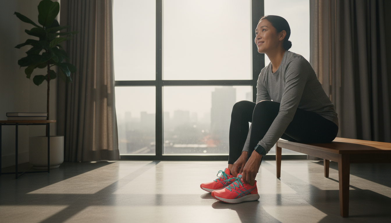 A clear water bottle is prominent on a clean, organized desk, while a desk drawer subtly hides a smartphone, illustrating environmental friction.