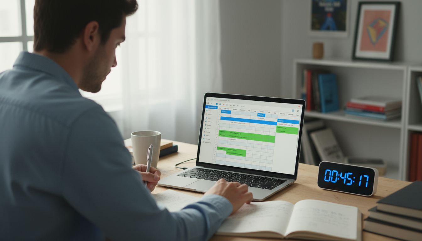 A professional with a coffee mug, head bowed in thought, reviewing a weekly calendar on a laptop or open planner at an organized desk.