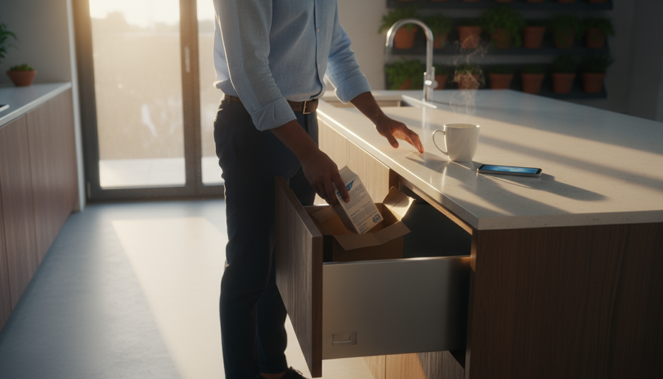 Close-up of a minimalist laptop screen displaying a news headline, framed by neatly organized desk items and soft natural light.