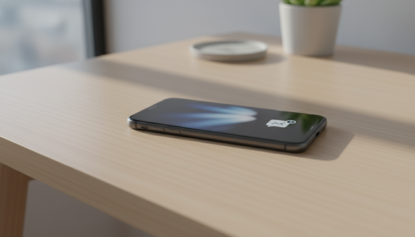 A modern smartphone screen lights up with a subtle notification icon on a minimalist wooden desk, hinting at a digital trigger.