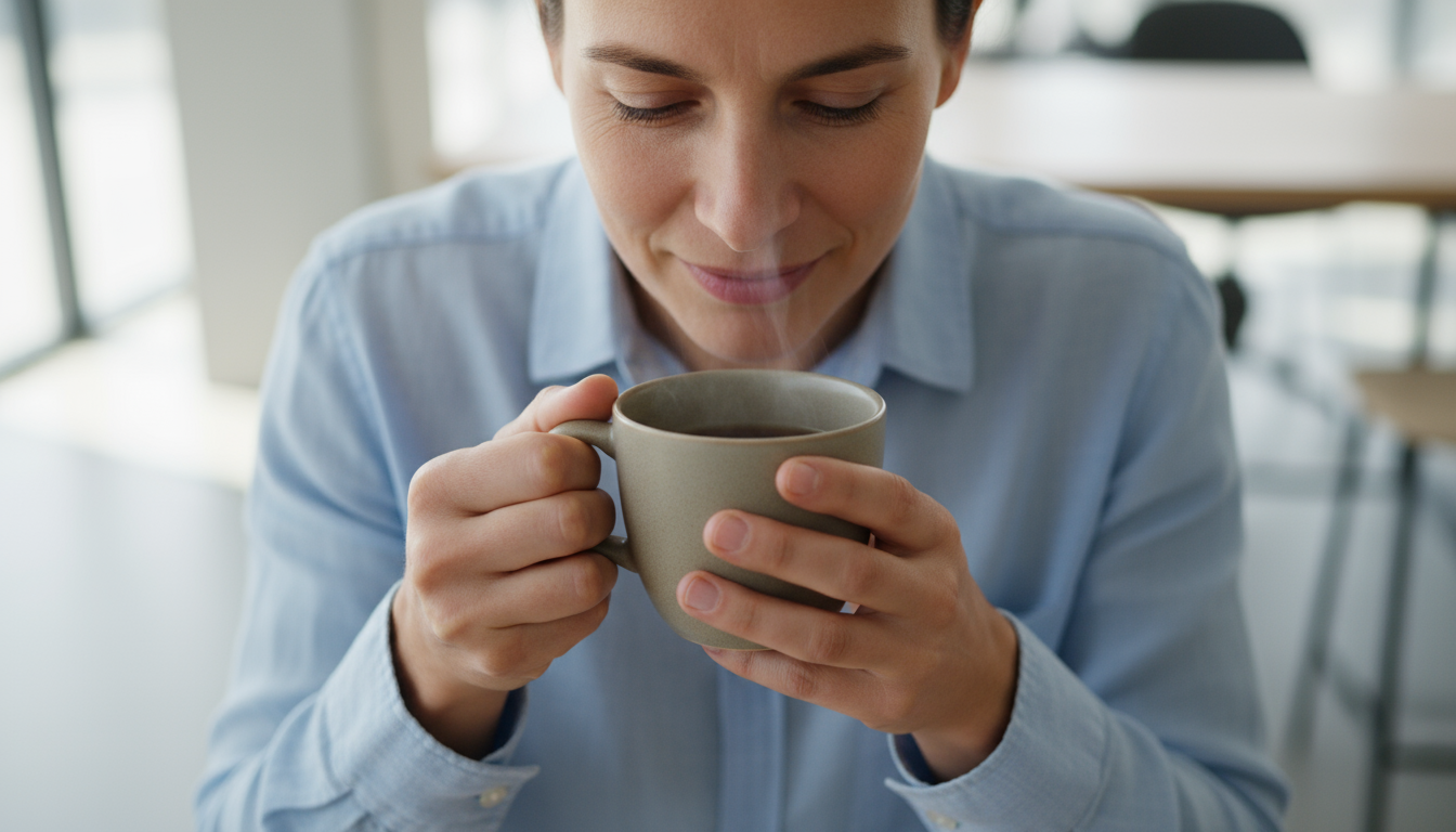 Hands of a person on a desk, one near a planner labeled 'OUTCOME GOALS', the other gently holding a smooth river stone, looking down thoughtfully.