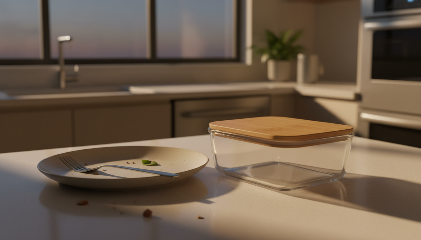 A top-down view of a minimalist nightstand at night, featuring a smartphone with a subtle glowing notification, an inviting paperback book, a lamp, an