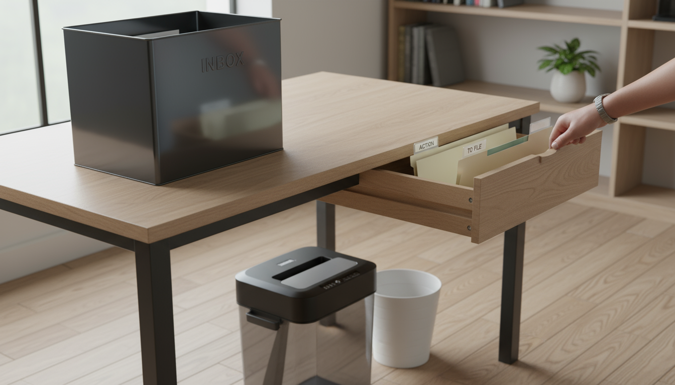 A tidy desk corner with a vertical inbox tray, an open drawer showing 'Action' and 'To File' folders, and a shredder/recycling bin underneath.