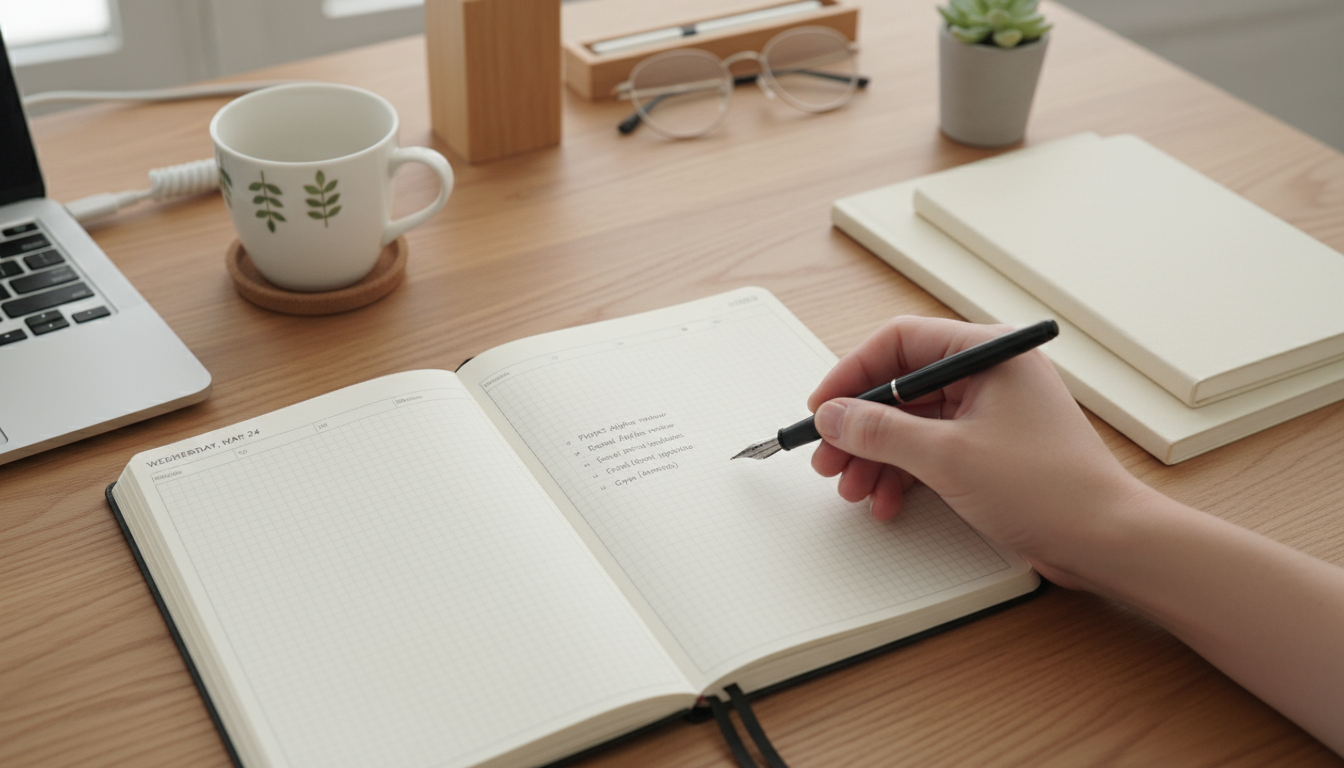 Close-up of hands precisely arranging a sleek fountain pen, small leather notebook, and ceramic coaster on a minimalist light wood desk.