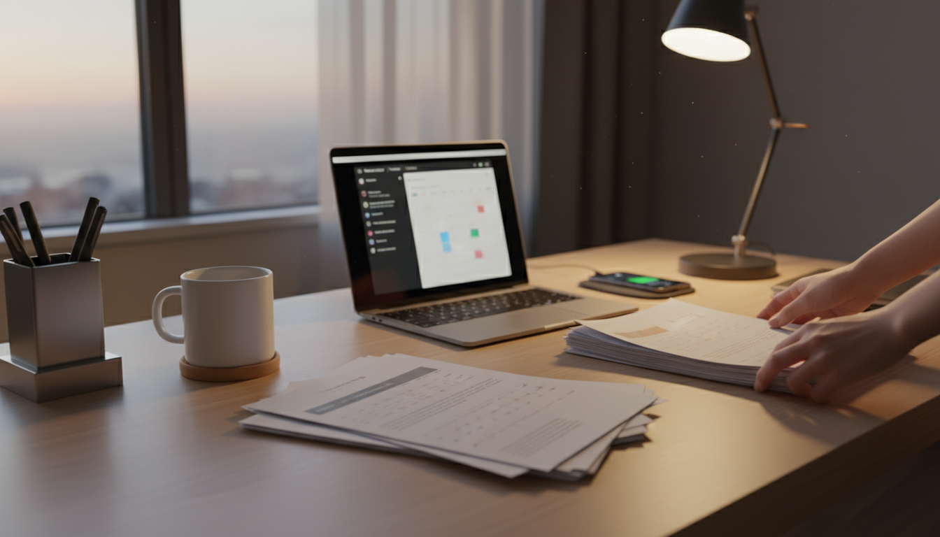 A professional at a minimalist desk, examining a densely packed physical daily schedule with a thoughtful, slightly weary expression, while a dynamic 