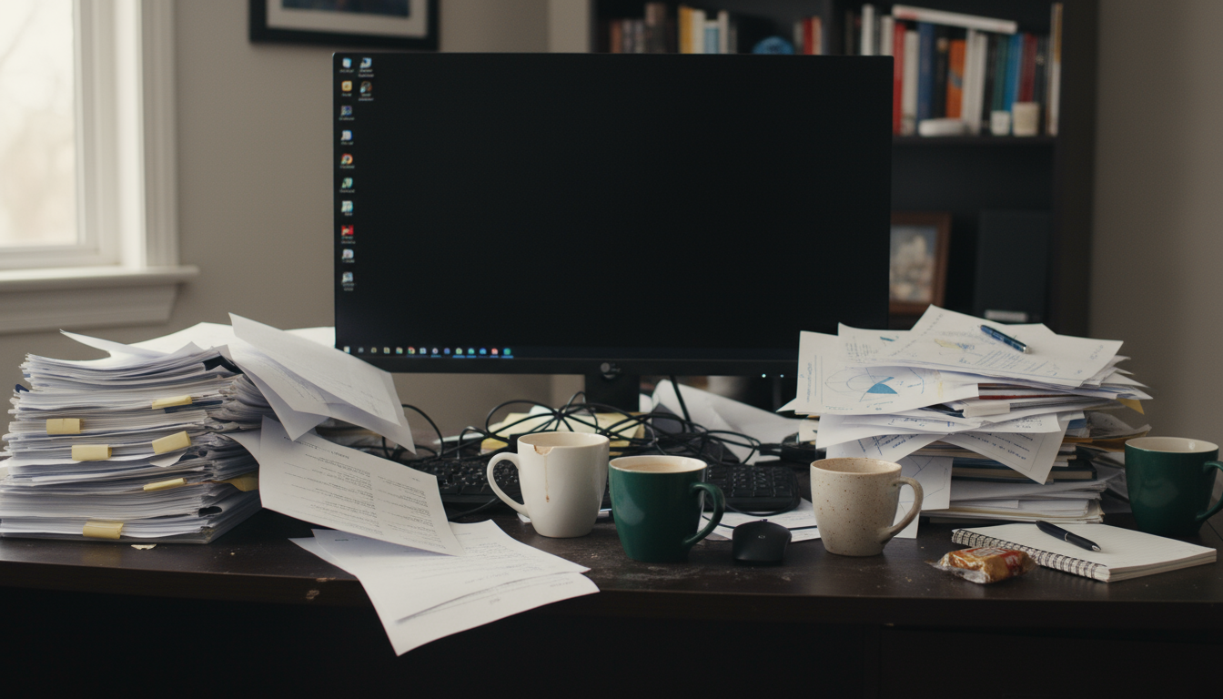 Man dropping mail into a minimalist wall-mounted sorter labeled 'Inbox,' 'Action,' 'File' in a clean, bright kitchen. Keys hang on an adjacent hook.