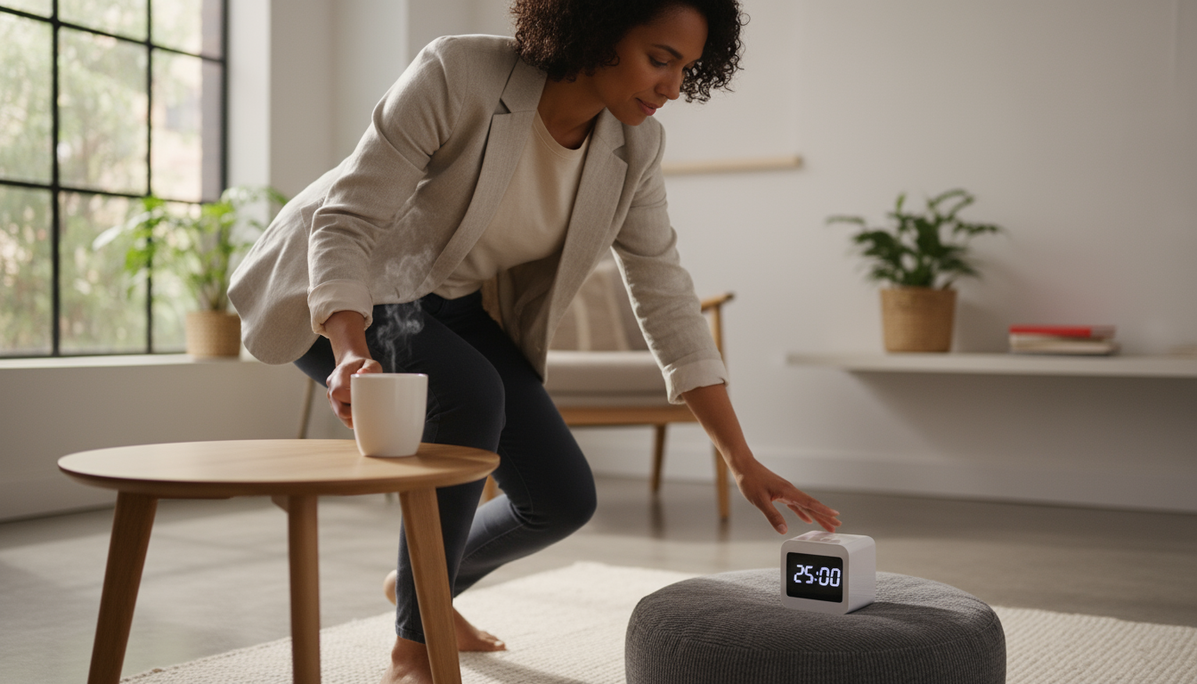 Person calmly watching coffee brew in a minimalist kitchen, avoiding phone distractions for a focused morning start.