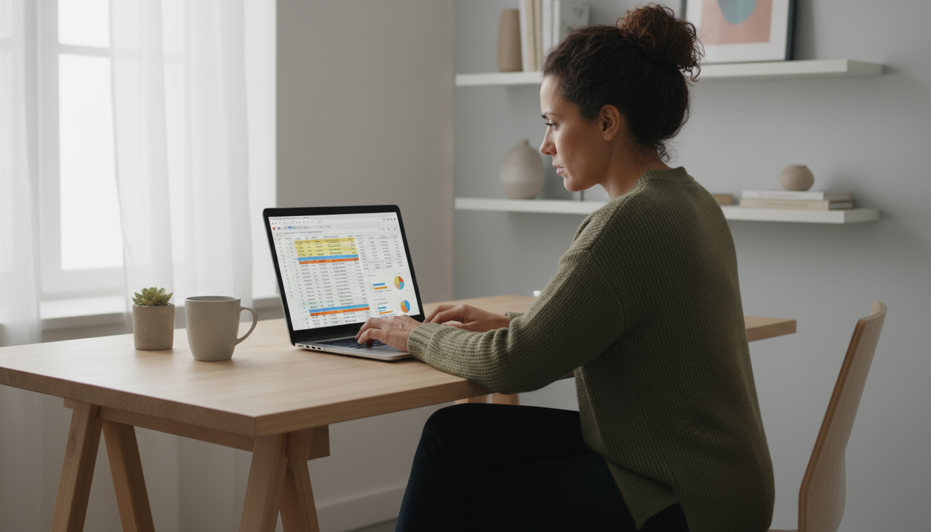 Close-up of hands typing on a laptop, with a calendar full of back-to-back virtual meetings visible on the blurred screen, on an organized desk.