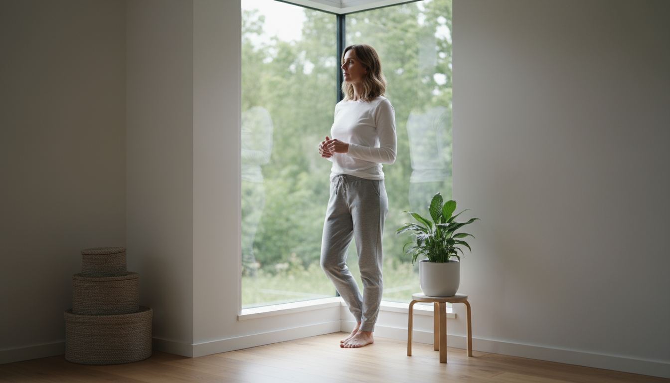 Hand reaching for a TV remote on a coffee table, with a blurred couch in the background, illustrating a habit cue and impending action.