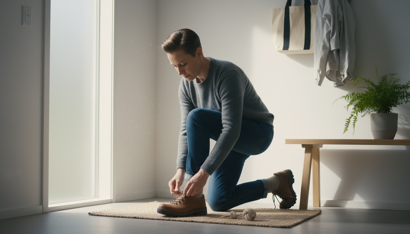 A gender-neutral hand hovers over a bullet journal habit tracker showing a long streak of checkmarks, conveying thoughtful hesitation.