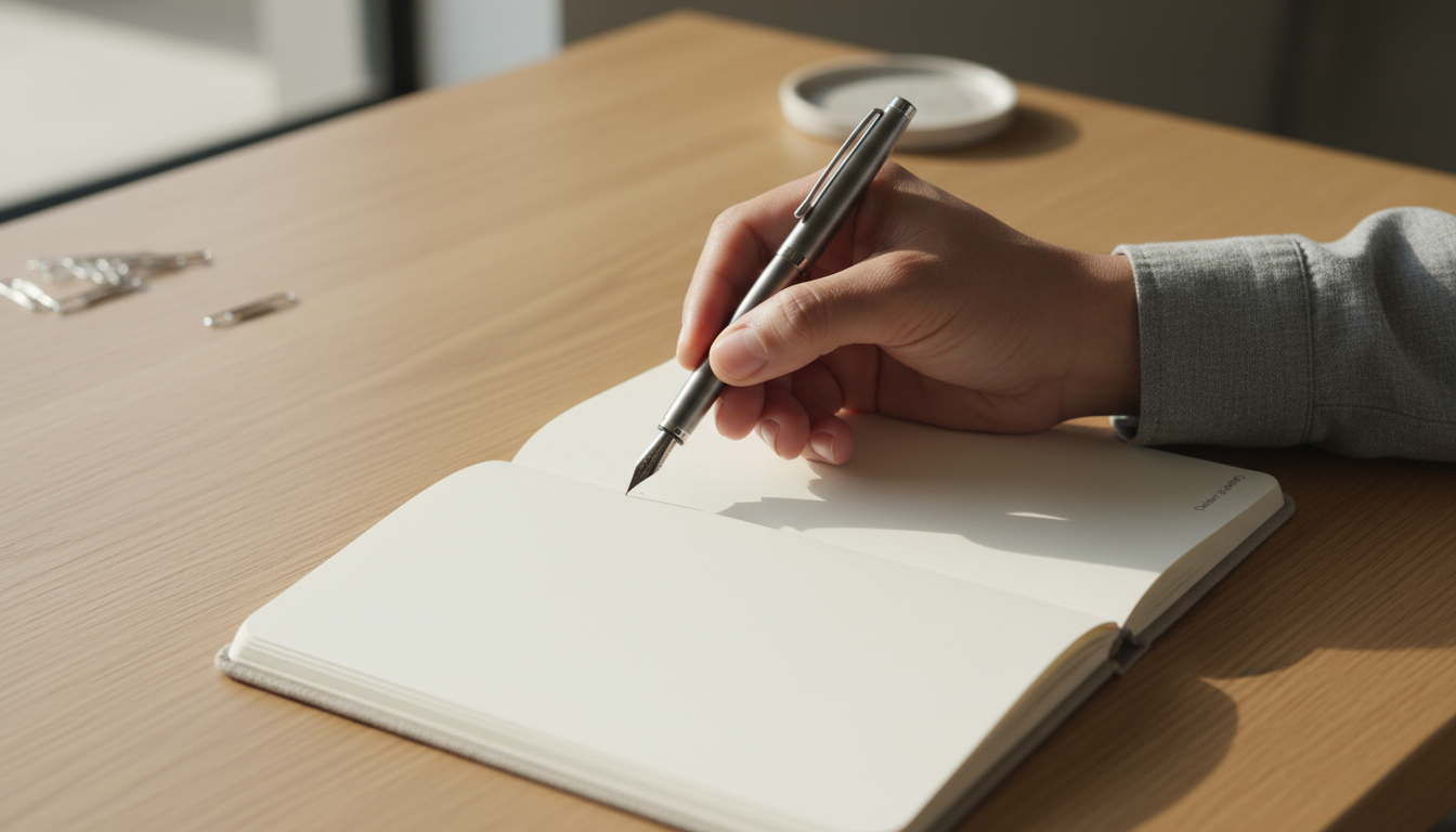 Person pouring coffee into a mug on a clean kitchen counter, with an open gratitude journal and pen waiting beside it.