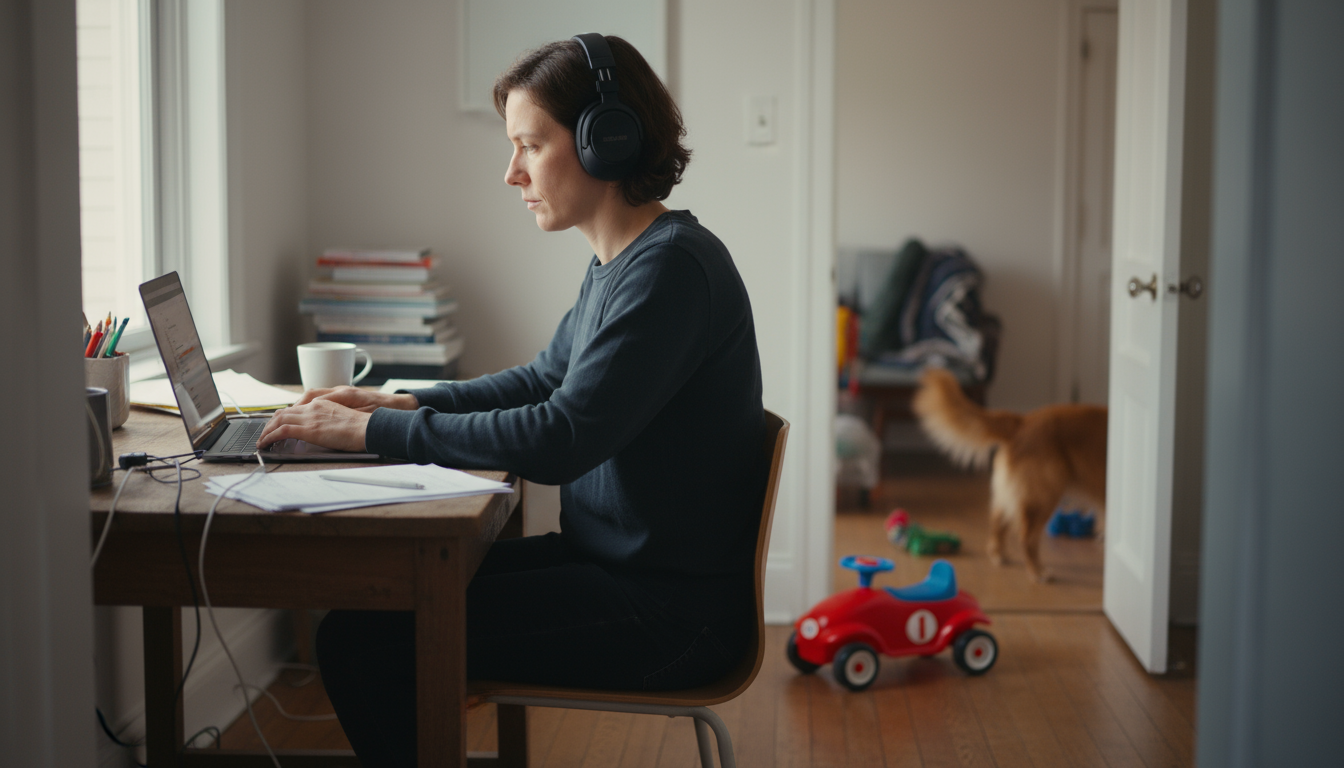 A person hunched over an overflowing desk with multiple screens, papers, and a vibrating phone, expressing quiet overwhelm.