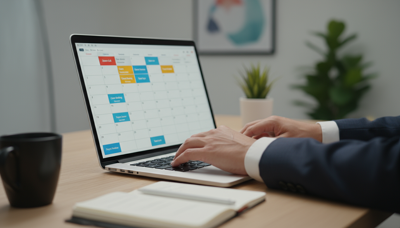 High-angle, over-the-shoulder view of a woman coding on two monitors in a modern, organized home office, displaying lines of code related to authentic