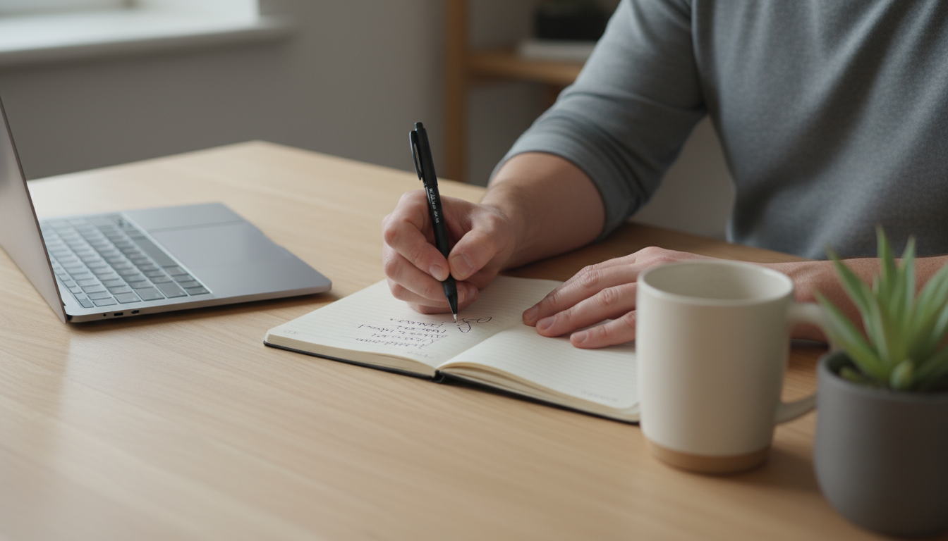 High-angle shot of hands writing key tasks on a sticky note on a minimalist desk with a laptop and water, morning light.