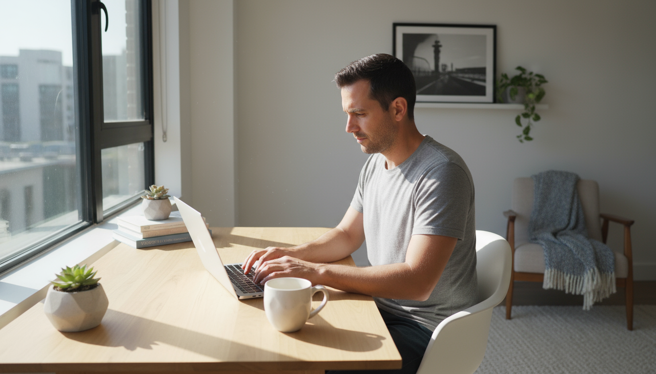 A knowledge worker's hand hovers a pen over a time audit log in a simple notebook, their face showing subtle realization.