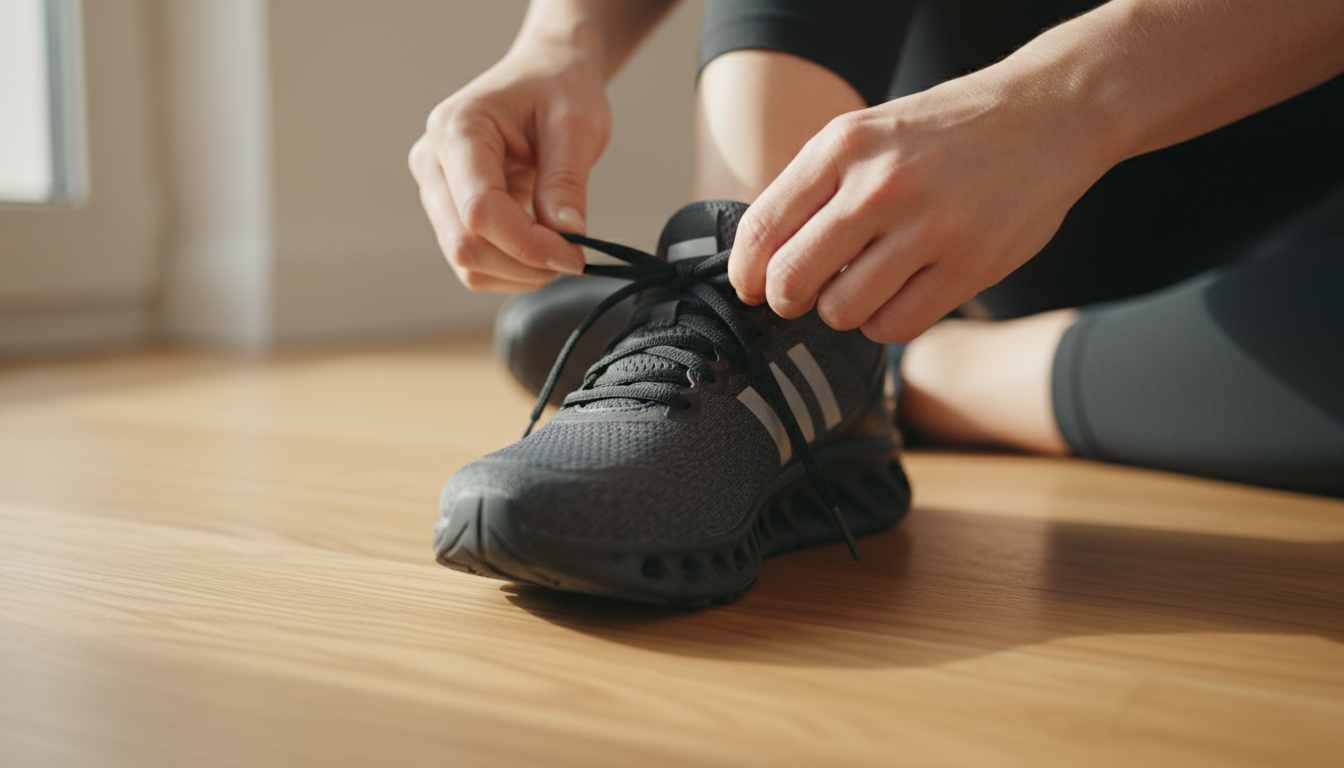 A person in athletic wear does a bodyweight squat in a modern kitchen, facing a coffee maker with a 'Time to move!' sticky note while coffee brews.